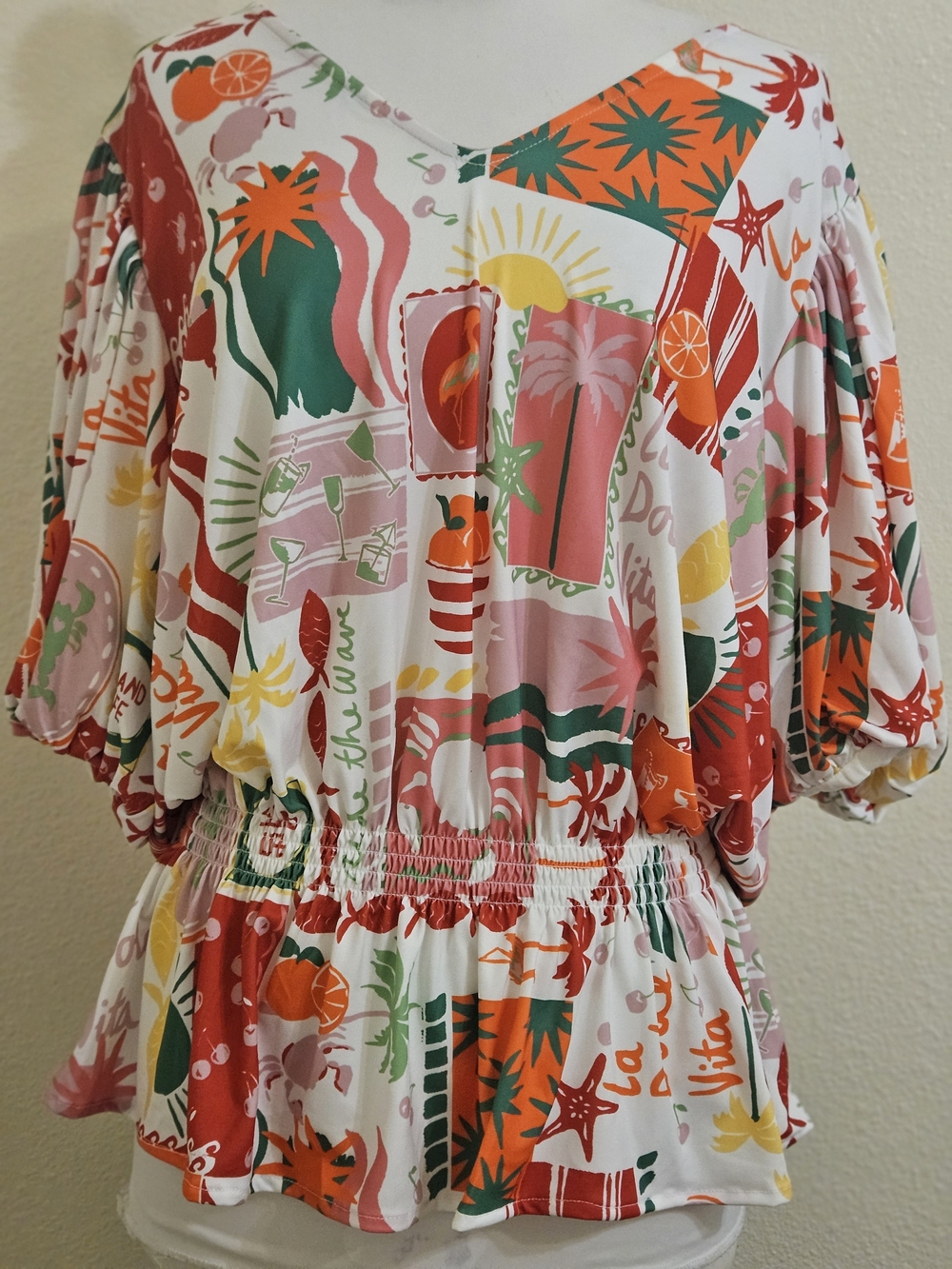 Ashley Stewart Island Print Bubble Sleeve Blouse, NWT